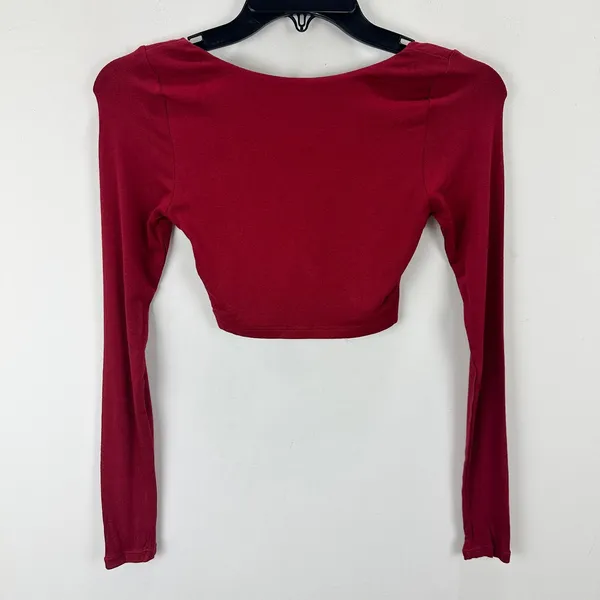 NEW Naked Wardrobe Long Sleeve Cropped Top Burgundy Stretch Viscose XS - Image 7