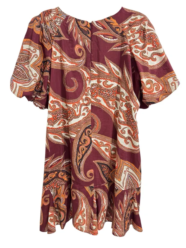FARM Rio Paisley Floral Print Mini Dress Burgundy Puff Sleeve Size Large - Image 5