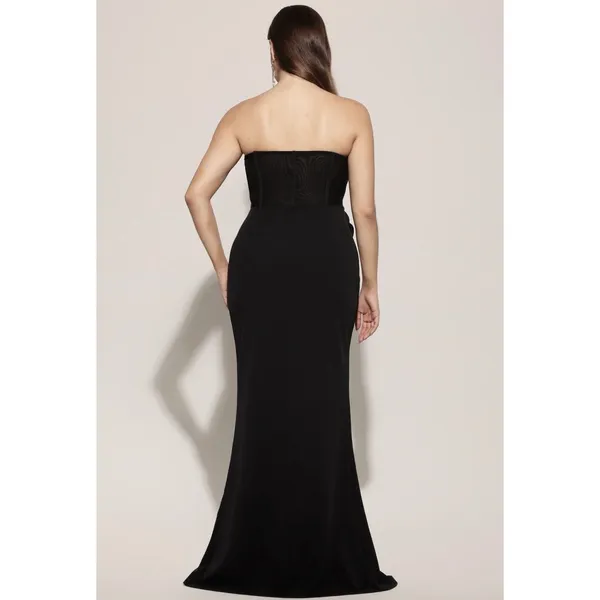 Bella Barnett NWT Flower Appliqué Maxi Dress Large Black Strapless Stretch Slit - Image 2