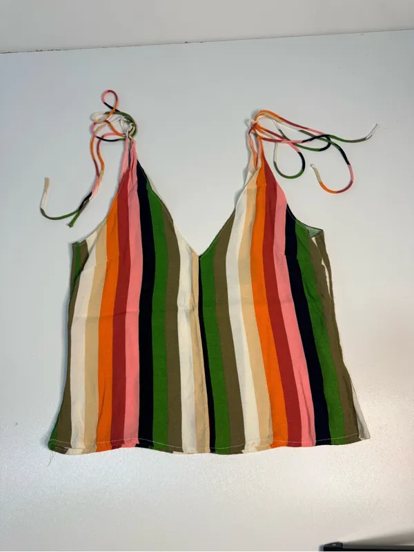 Reformation Multicolor Stripe Tie-Shoulder Cami in Olive, Pink & Cream - Image 4