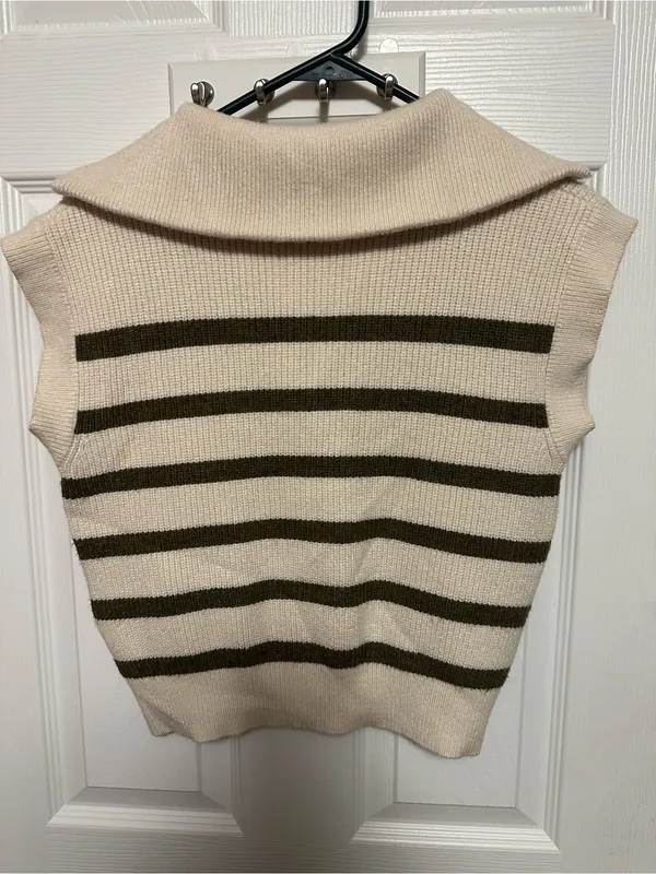 Anthropologie Cream and Olive Striped Half-Zip V-Neck Sweater Vest - Image 6