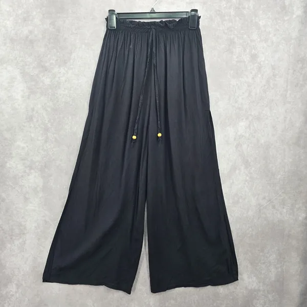 Black Wide Split Flowy Straight Beach Vacation Lounge 90s Pullon Boho Pants XS‎ - Image 7
