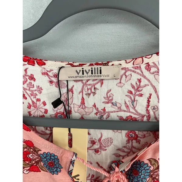 Vivilli Womens Blouse Floral Boho Tassel Tie Flutter Sleeve White Red Large - Image 6