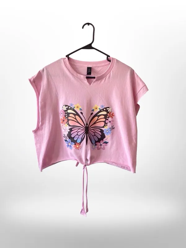 Handmade Butterfly Tie Front Back Pink Crop Tee L Adjustable - Image 7