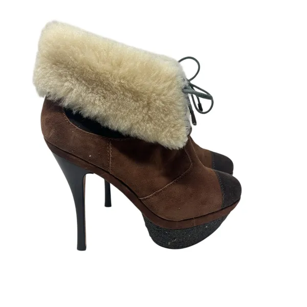 L.A.M.B Pier Booties Suede Shearling Platform‎ Boots High Heels Brown Size US 8 - Image 4