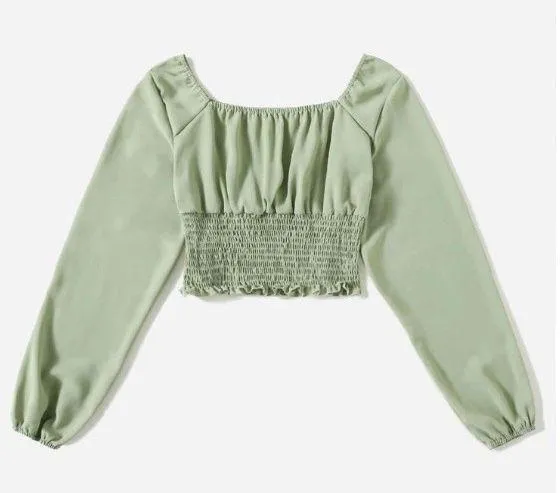 Solid Ruched Bust Scoop Neck Shirred Blouse - Image 2