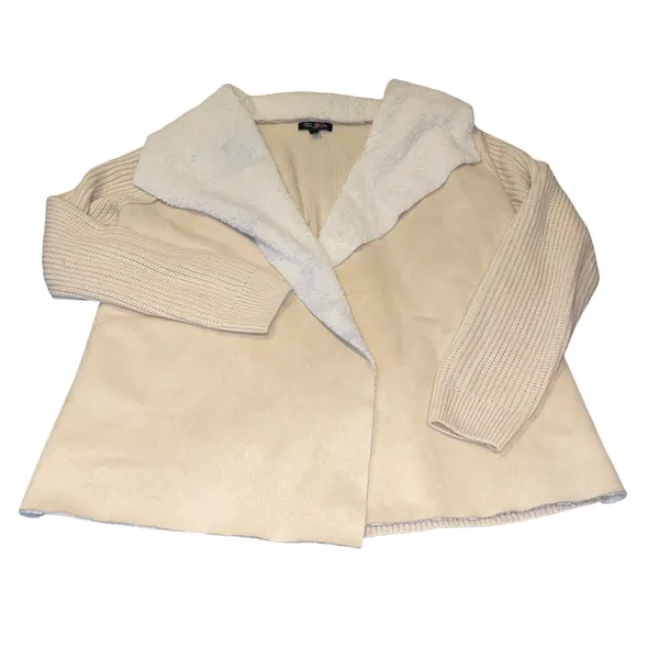 Cream Cardigan Faux Suede Sherpa Shearling Fur Jacket Western Cottagecore XL - Image 2