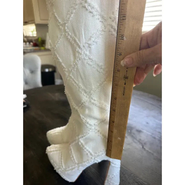 White Frayed Denim Quilted Platform Knee High Boots Pointed Toe Block Heel 8.5 - Image 5