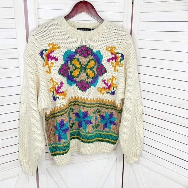 Vintage Rafferty 80s‎ 90s Floral Chunky Knit Sweater Ivory Large Crewneck - Image 7