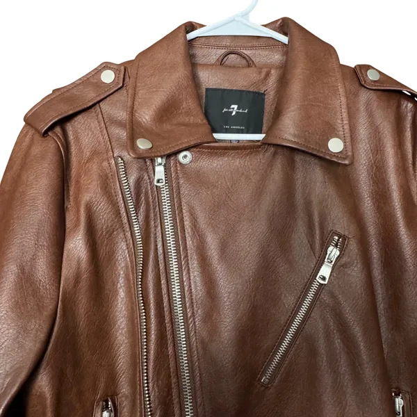 7 For All Mankind Women's Faux Leather Moto Jacket Brown L‎ Biker Chic Punk Rock - Image 6