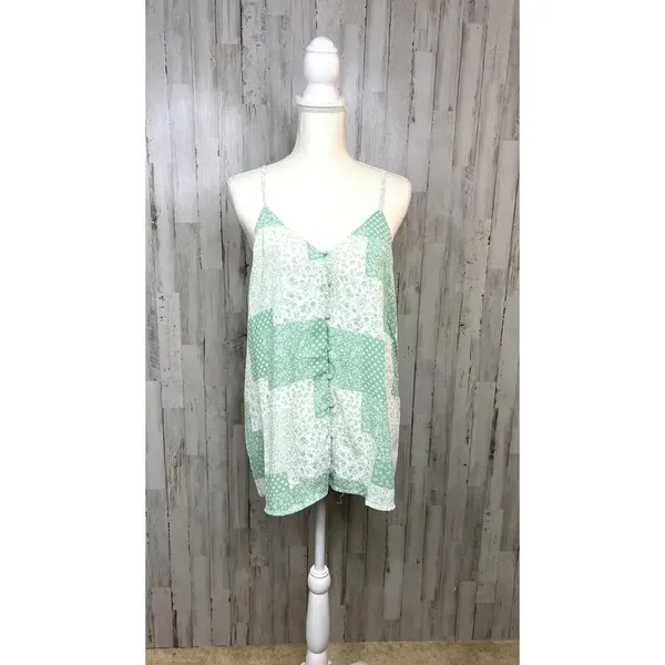 Heyson Women's Medium Floral Patchwork Tank Top Mint‎ Green Sleeveless V-Neck - Image 2