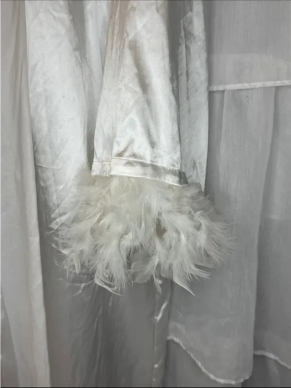 Night Satin Feather Trim Robe White Size 14 - Image 4