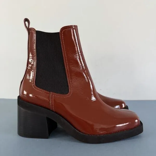 Gianni‎ Bini Banks Crinkle Patent Leather Double Gore Square Toe Brown Booties - Image 4