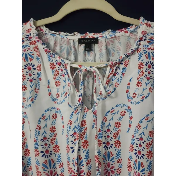 Talbots Women's White Preppy Cottagecore Floral Smocked Cuff‎ Blouse Large - Image 2