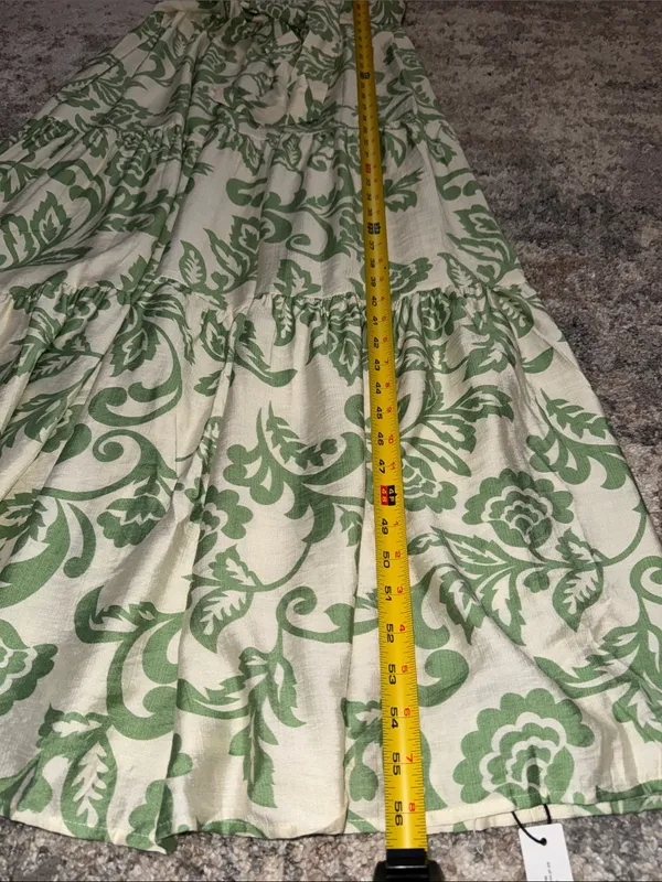 Sleeveless Cream Maxi Dress with Green Floral Print and Waist Tie - Image 13