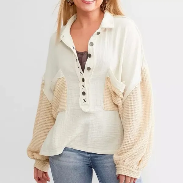 POL Textured Henley Pullover Oversized Pink Medium - Image 7