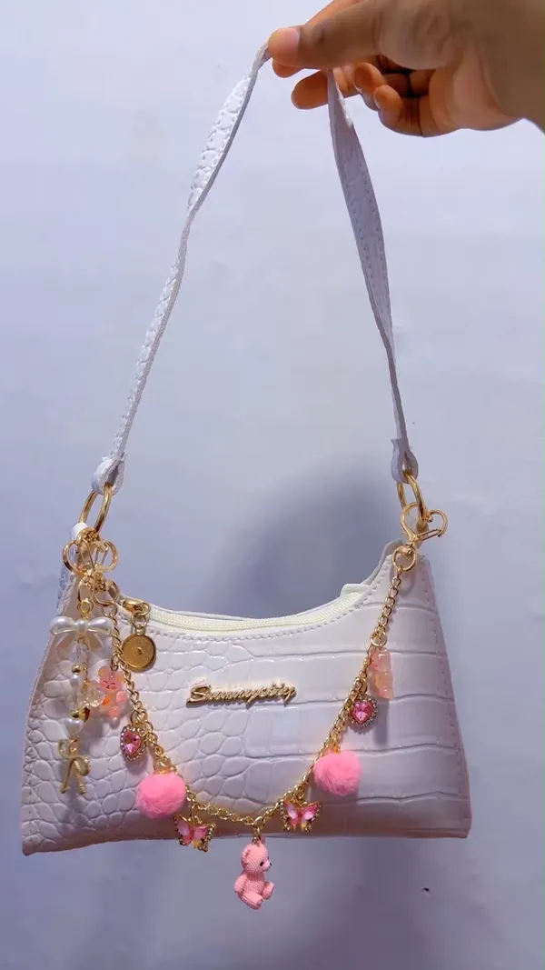 White Shoulder Bag Crocodile Embossed Hobo Purse Gold Chain Butterfly Bear Charm - Image 6