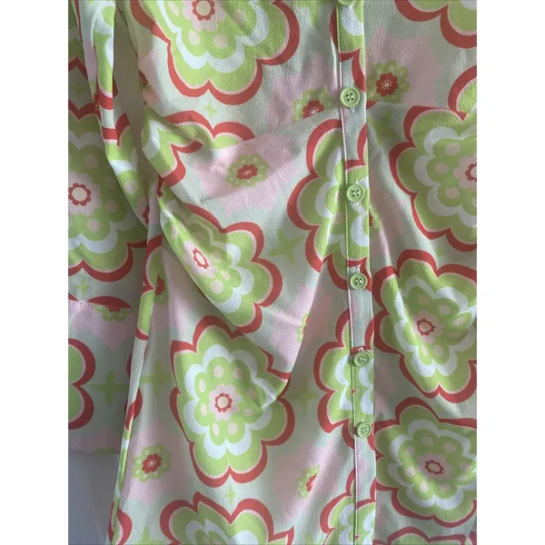 ASOS Floral Ruched Mini Shirt Dress Womens 4 Pink Green Retro‎ 70s Y2K Crepe - Image 5