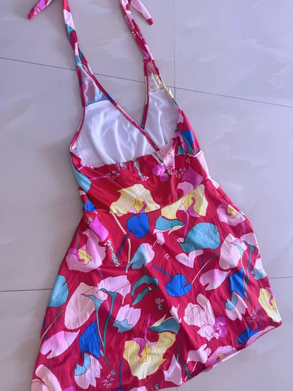 Red Floral Halter Swim Dress - Image 9
