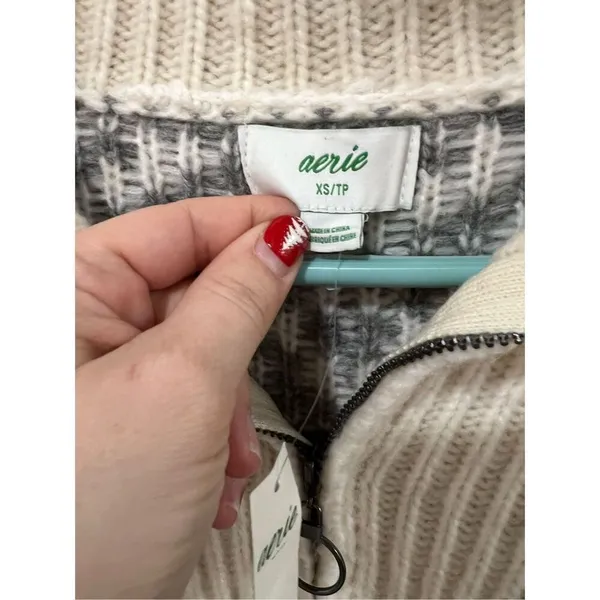 Aerie NWT Gray Cream Wool Blend 1/4 Zip Pullover Sweater Oversized XS - Image 4