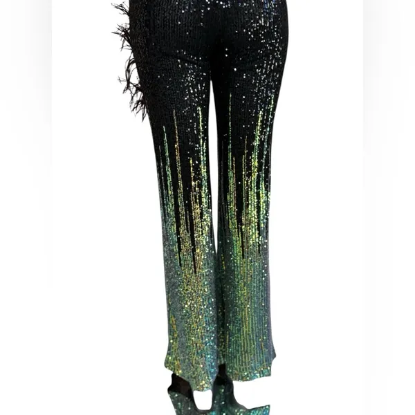 Unbranded Elegant Sequined/Feathered Black and Green Women's Jumpsuit G#8 - Image 11