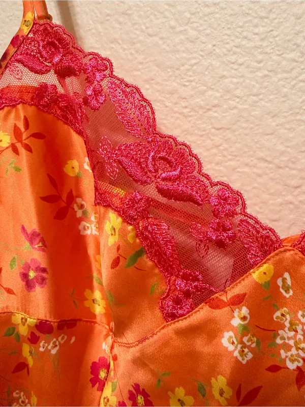 Victoria's Secret Vintage 2001 satin nightie, orange floral print, sz M - Image 6