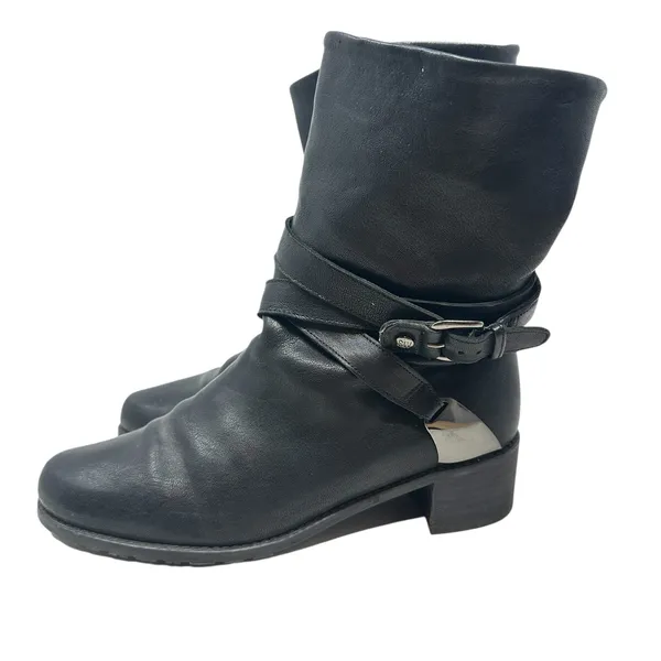 Stuart Weitzman Ranch‎ Dressing Boots Moto Buckle Leather Black Size US 6 - Image 11