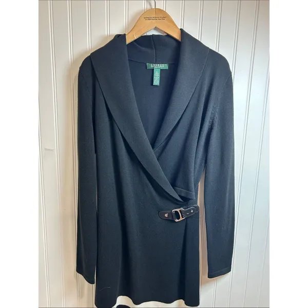Lauren Ralph Lauren Black Dress with WHITE Hem Stripe and Side Buckle Size M. - Image 4