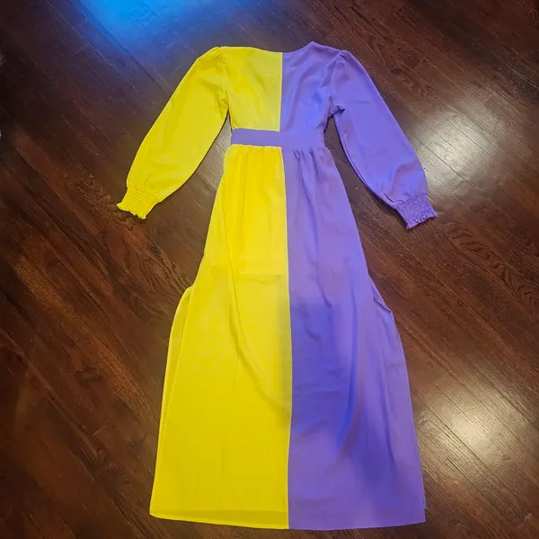 Unique Vintage Yellow and Purple Long Sleeve Dress - Image 3