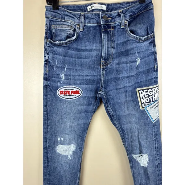 Zara Women’s Skinny Stretch Blue Jeans Size 30 Patch “Regret Nothing” - Image 2