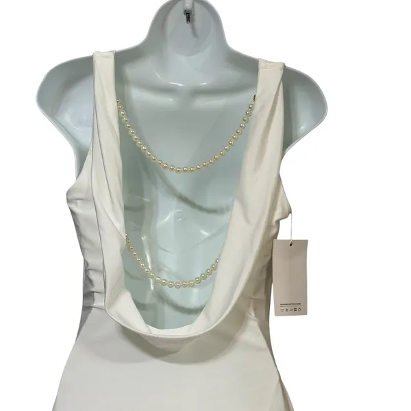 Fashion White Sleeveless Cowl Back Mini Dress with Pearl Strands H-25305 Size 6 - Image 4