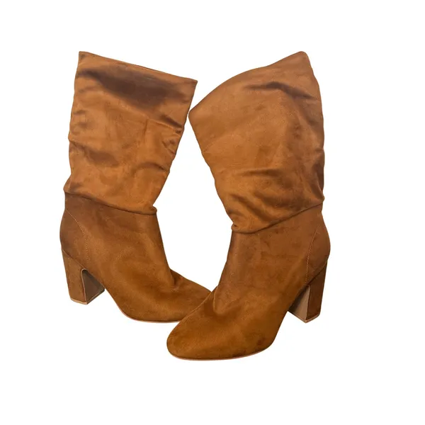 Womens Brown Slouchy Boots Size 8.5 Faux Suede Block Heel Almond Toe Fall - Image 2