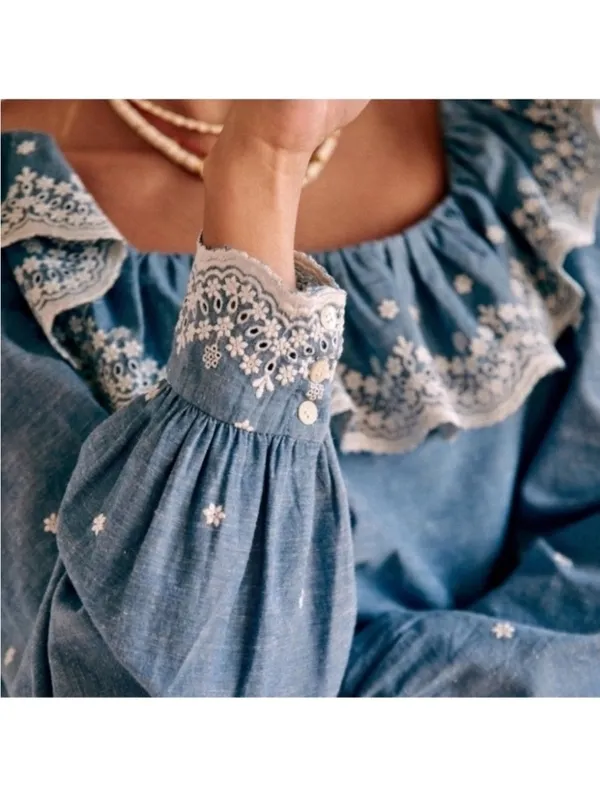 Sézane Embroidered Francesca Blouse Blue Chambray Women’s size 36 US 4 Small - Image 13