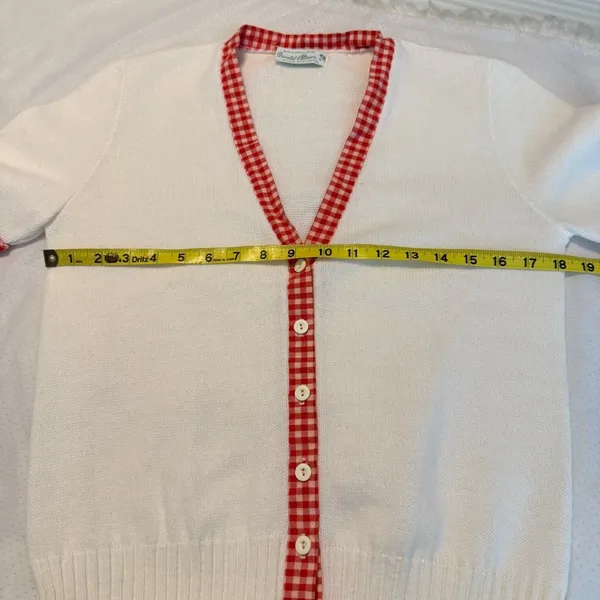 Vintage 60s 70s Arnold Palmer White Cardigan Sweater w/ Red Gingham Trim preppy - Image 6