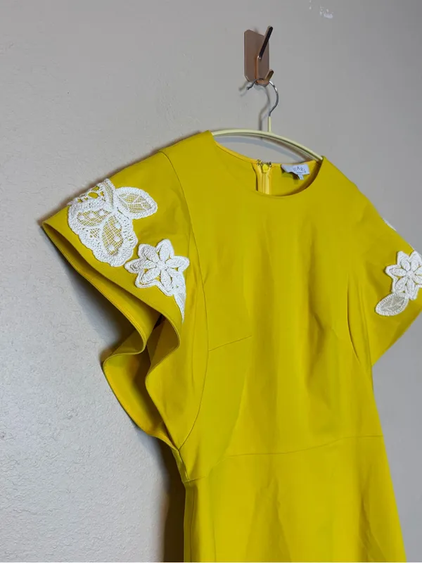 Pearl by Lela‎ Rose Stretch Cotton Lace crochet Detail Dress in yellow white 6 - Image 4