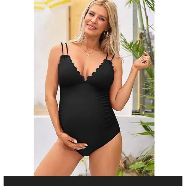 Charmo Women's Ruched Maternity One-Piece Swimsuit Scalloped Neck Black L - Image 4