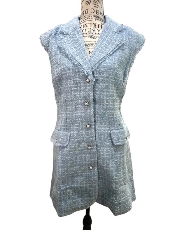 Maeve Anthropologie Blue Tweed Pearl Button Blazer Mini Dress NWOT Size 8 - Image 2