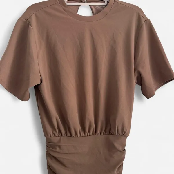 Abercrombie & Fitch Taupe Ruched Mini Dress – Bodycon Short Sleeve Neutral xs - Image 4