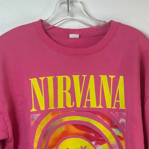 Nirvana Pink Graphic Sweatshirt Smiley Face Tie Dye Logo Cotton Pullover Large - Image 7
