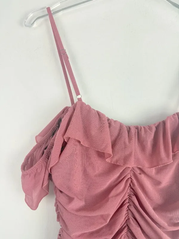 NWT Lulus Elegant Posture Mauve Pink Mesh Ruched Cold-Shoulder Bodysuit Size XS - Image 9