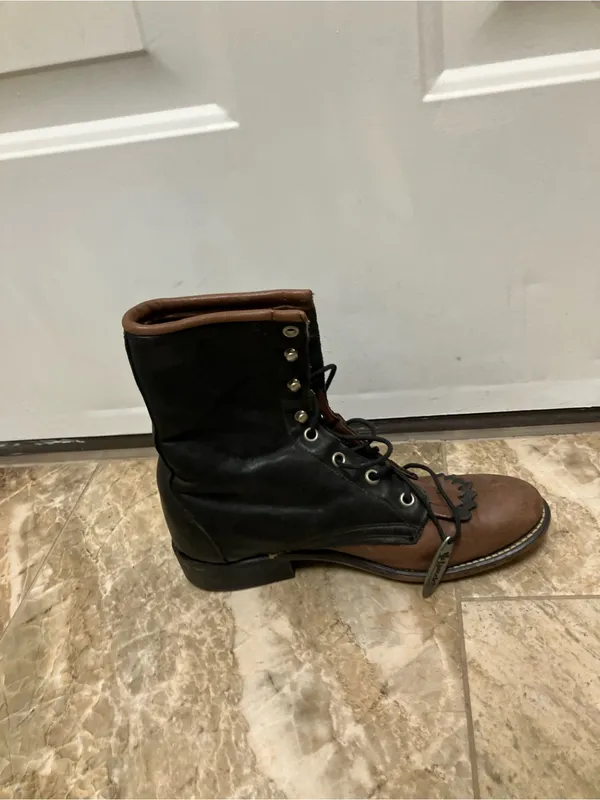 Laredo Women's Black Brown Leather Lace-Up Kiltie Fringe Roper Boots Size 7 - Image 3