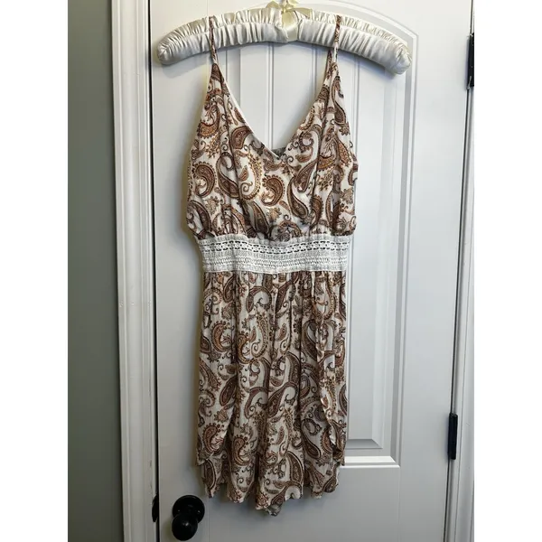 Justify XL Cream Brown Paisley Rayon Crochet Waist Sleeveless Boho Jumper Dress - Image 7