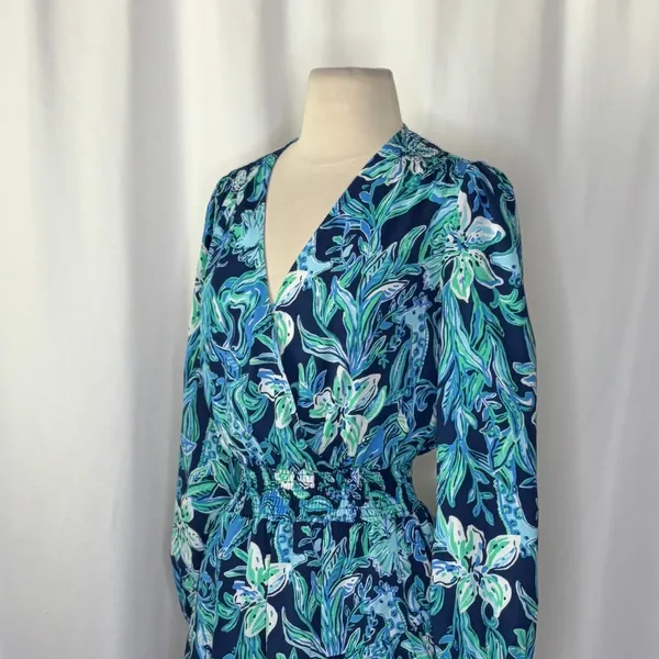 LILLY PULITZER Cristiana Dress‎ High Tide Navy Take It Or Leaf It Smocked 0 - Image 7
