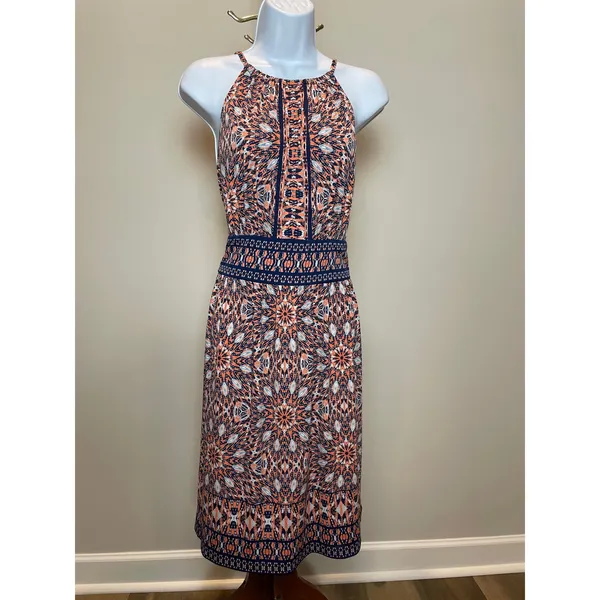London Times Orange Blue Boho Halter Midi Dress Size 14 - Image 8