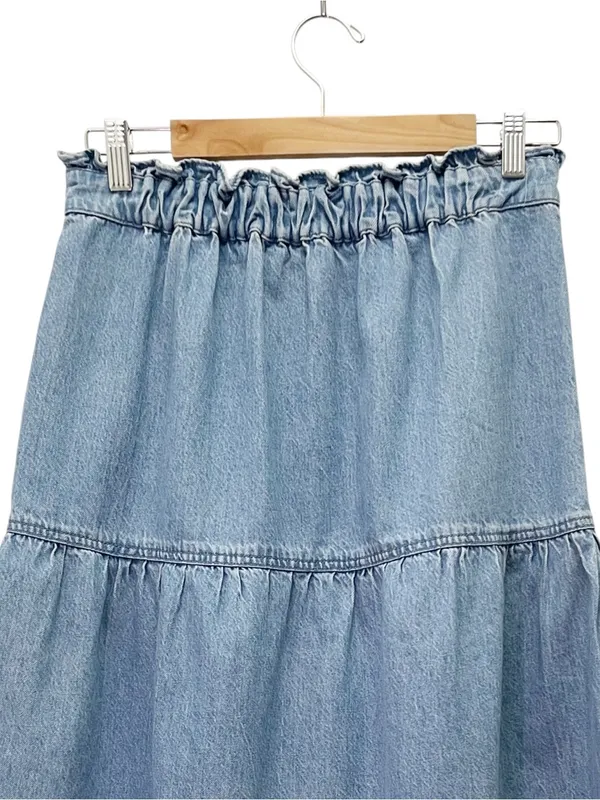 Madewell Pull On Denim Midi Skirt Size XS Normandie Wash Ruffle Waist Pockets - Image 5