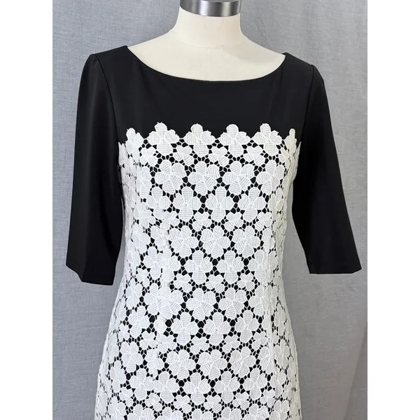 Suzi Chin for Maggy Boutique Black White Lace Overlay Sheath Dress 3/4‎ Sleeve 8 - Image 5