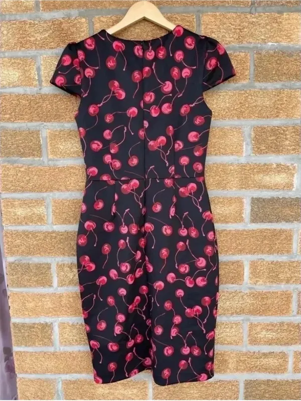 Betsey Johnson Cherry Print Dress 6 Coquette Cherrycore Retro Cap Sleeve Slit⁠ - Image 9