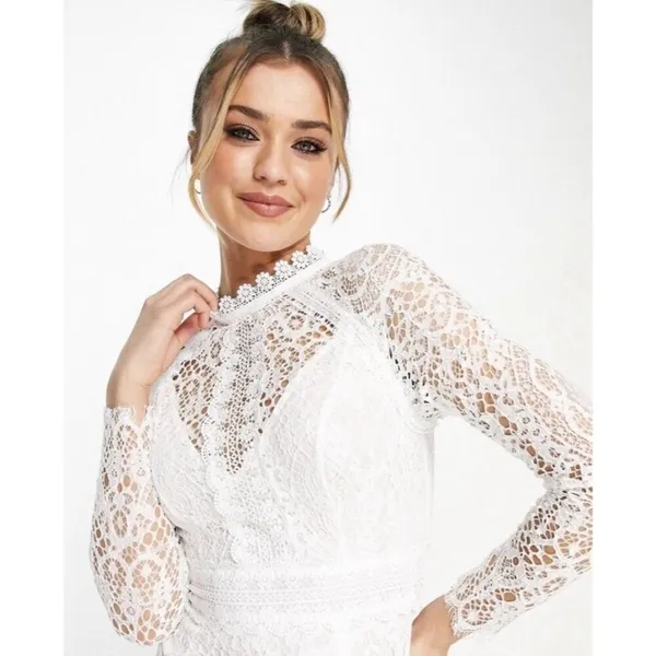 ASOS DESIGN White Lace Midi Dress Long Sleeve High Neck Pencil EU44 US12 RUSH - Image 3
