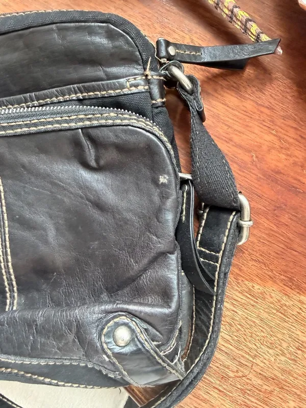 Fossil Black Canvas Leather Trim Crossbody Square Messenger Bag - Image 7