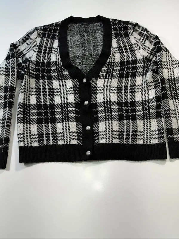 Talbots Black and White Plaid V-Neck Cardigan with Silver Buttons Size Large - Image 2